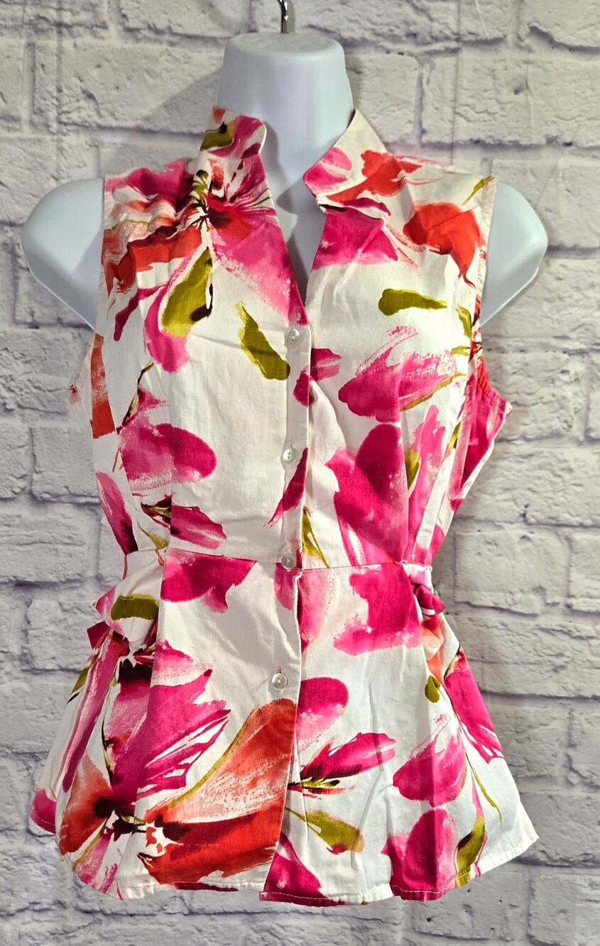 Jones New York White Pink Floral Button Up Sleeveless Top PM V Neck